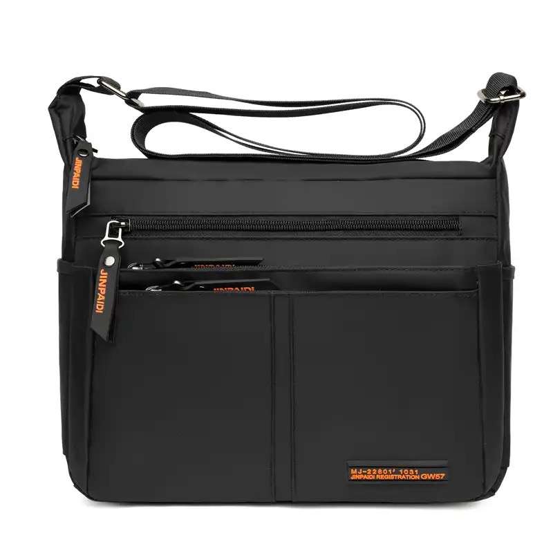 Black Unisex Multi Zipper Sling Shoulder Nylon Bag Crossbody Travel Bag