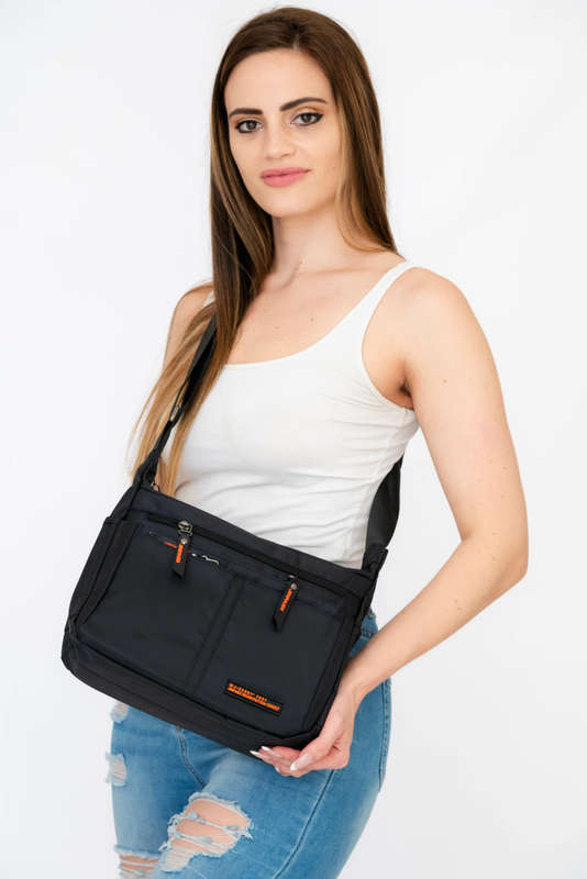 Black Unisex Multi Zipper Sling Shoulder Nylon Bag Crossbody Travel Bag