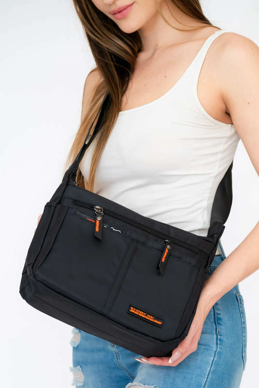 Black Unisex Multi Zipper Sling Shoulder Nylon Bag Crossbody Travel Bag