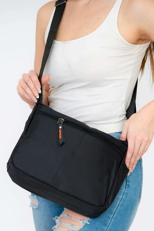 Black Unisex Multi Zipper Sling Shoulder Nylon Bag Crossbody Travel Bag