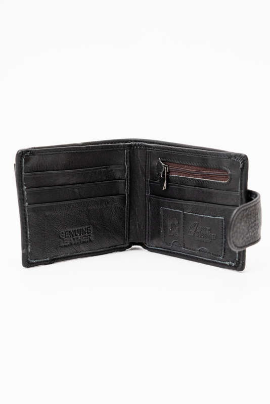 Camel Mountain Genuine Leather Bi Fold Stitch Detail Wallet with Coin Pouch Credit Card Holder Black