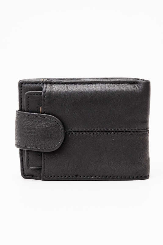 Camel Mountain Genuine Leather Bi Fold Stitch Detail Wallet with Coin Pouch Credit Card Holder Black