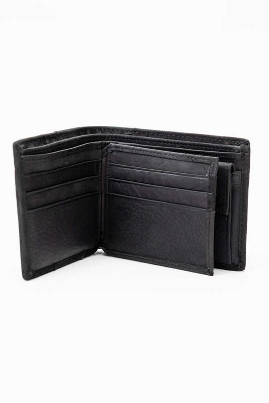 Camel Mountain Genuine Leather Tri-Fold Stitch Detail Wallet with Coin Pouch Black