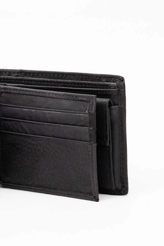 Camel Mountain Genuine Leather Tri-Fold Stitch Detail Wallet with Coin Pouch Black