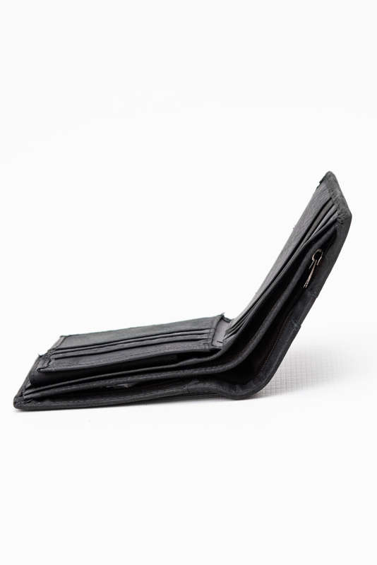 Camel Mountain Genuine Leather Tri-Fold Stitch Detail Wallet with Coin Pouch Black