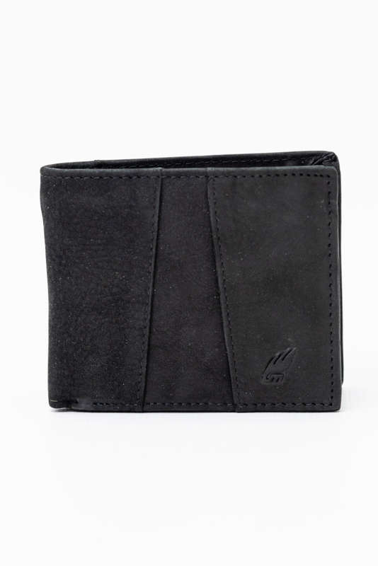Camel Mountain Genuine Leather Tri-Fold Stitch Detail Wallet with Coin Pouch Black