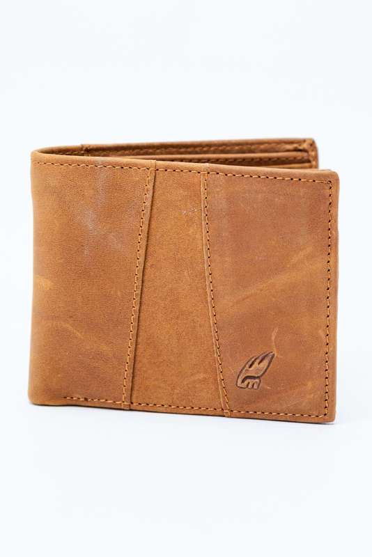 Camel Mountain Genuine Leather Tri-Fold Stitch Detail Wallet with Coin Pouch Tan