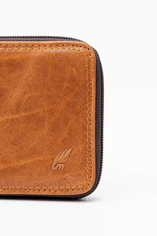 Camel Mountain Genuine Leather Zip Around Tri-Fold Wallet Brown