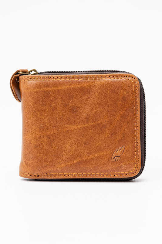 Camel Mountain Genuine Leather Zip Around Tri-Fold Wallet Brown