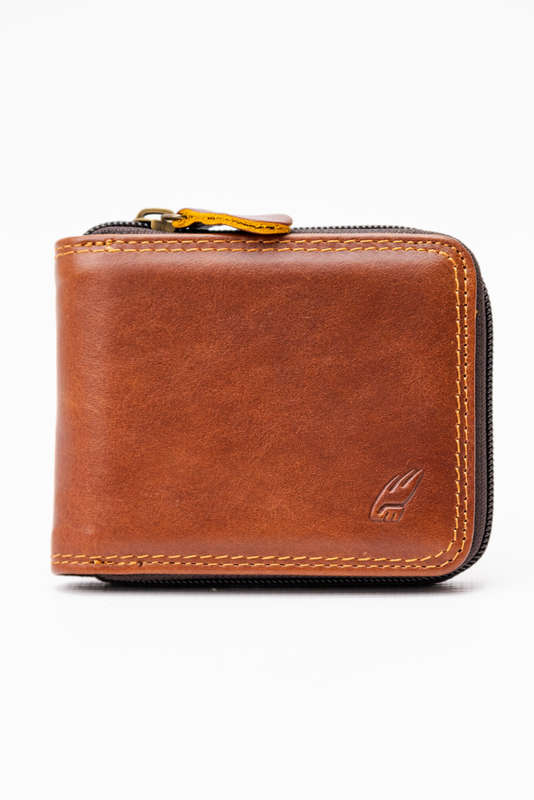 Camel Mountain Genuine Leather Zip Around Tri-Fold Wallet Dark Brown