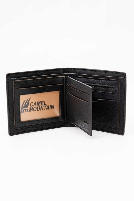 Camel Mountain Leather Bi Fold Stitch Detail Wallet with Coin Pouch Black
