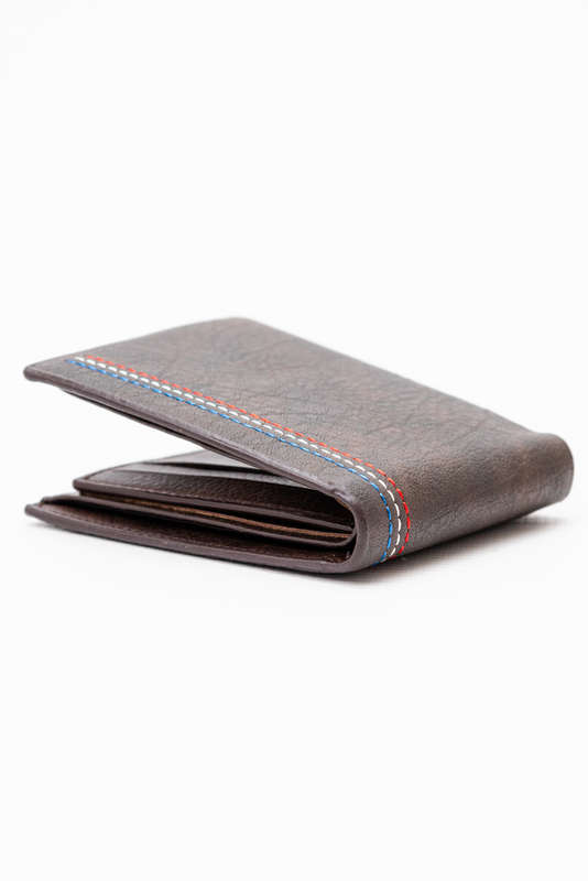 Camel Mountain Leather Bi Fold Stitch Detail Wallet with Coin Pouch Brown