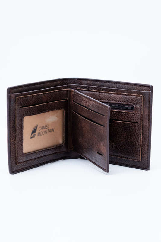 Camel Mountain Leather Bi Fold Stitch Detail Wallet with Coin Pouch Brown
