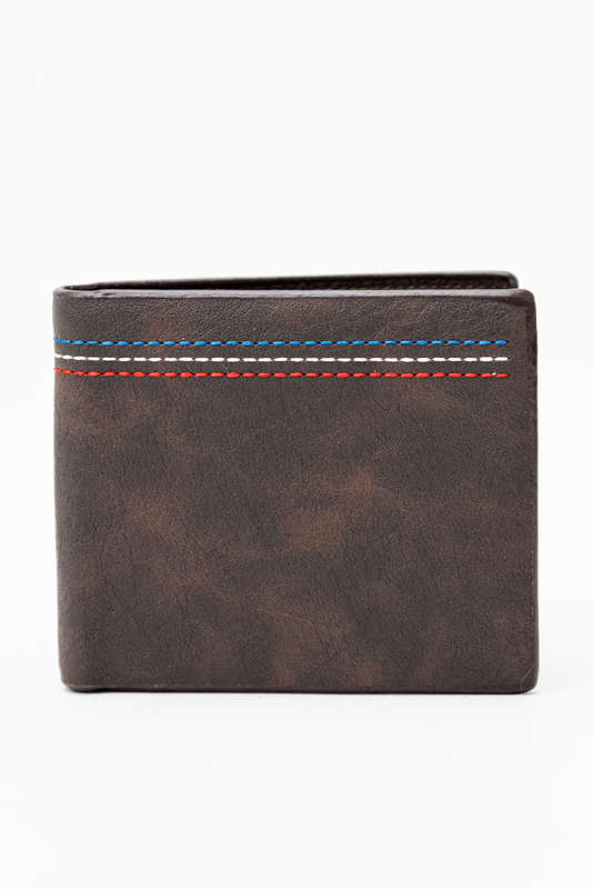 Camel Mountain Leather Bi Fold Stitch Detail Wallet with Coin Pouch Brown