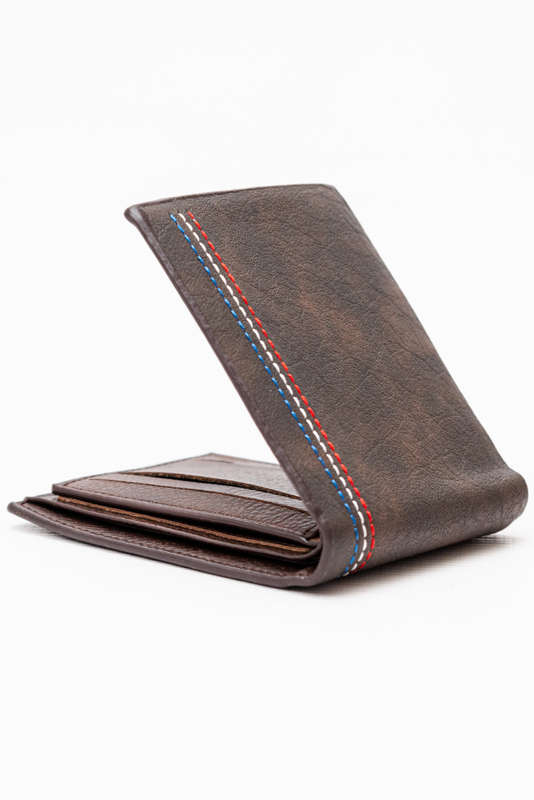 Camel Mountain Leather Bi Fold Stitch Detail Wallet with Coin Pouch Brown
