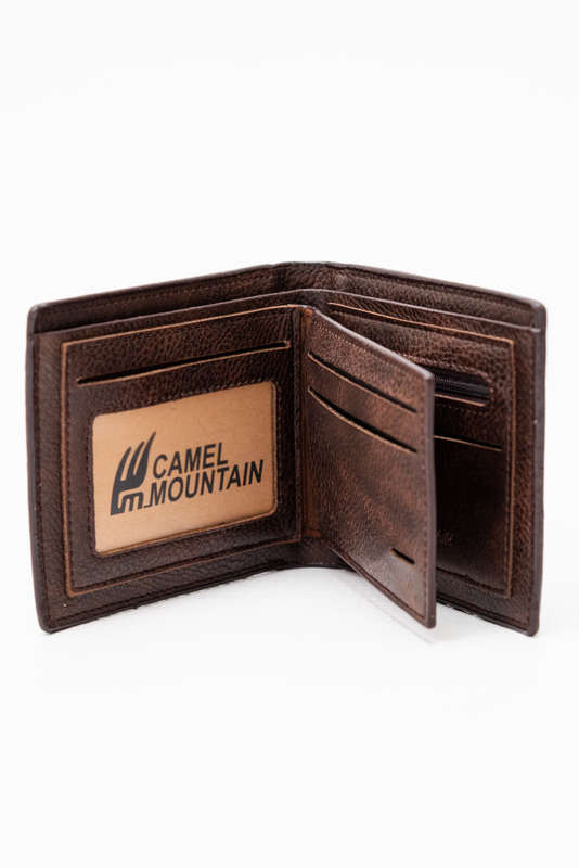 Camel Mountain Leather Bi Fold Stitch Detail Wallet with Coin Pouch Brown