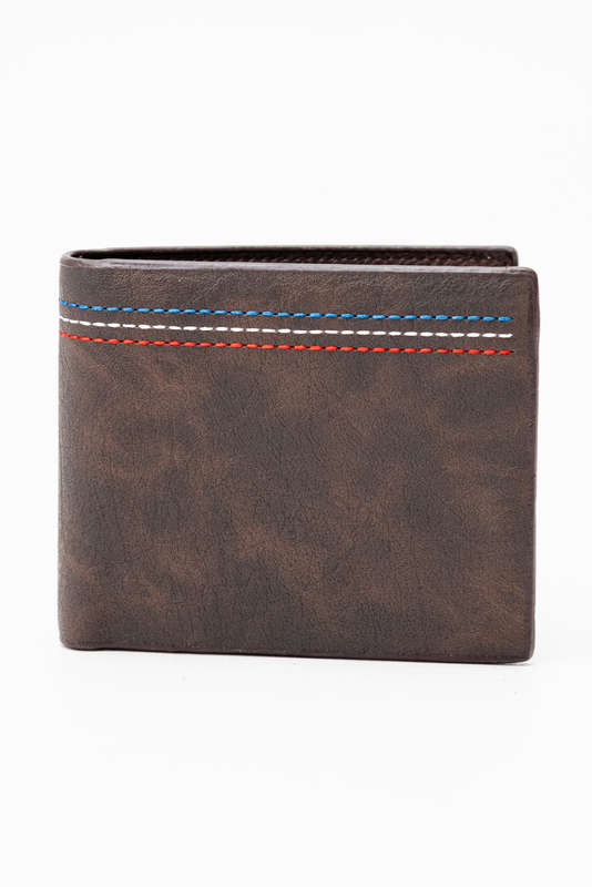 Camel Mountain Leather Bi Fold Stitch Detail Wallet with Coin Pouch Brown