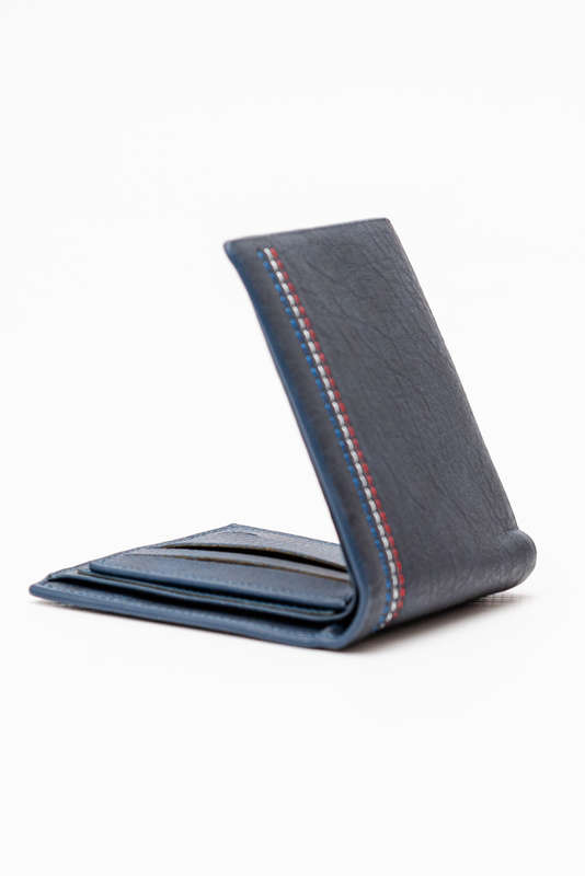 Camel Mountain Leather Bi Fold Stitch Detail Wallet with Coin Pouch Navy