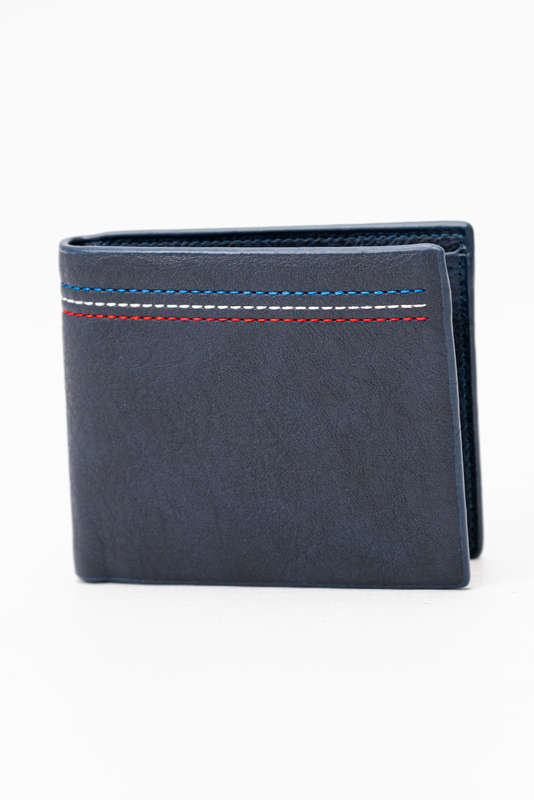 Camel Mountain Leather Bi Fold Stitch Detail Wallet with Coin Pouch Navy