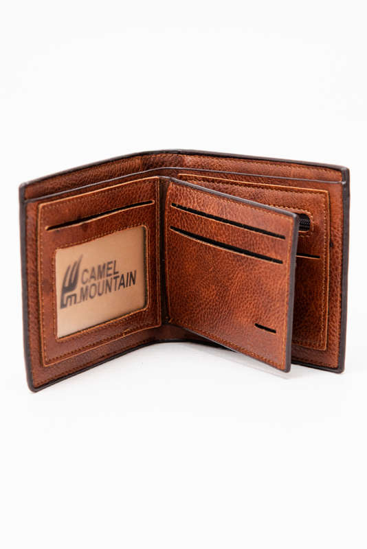 Camel Mountain Leather Bi Fold Stitch Detail Wallet with Coin Pouch Tan
