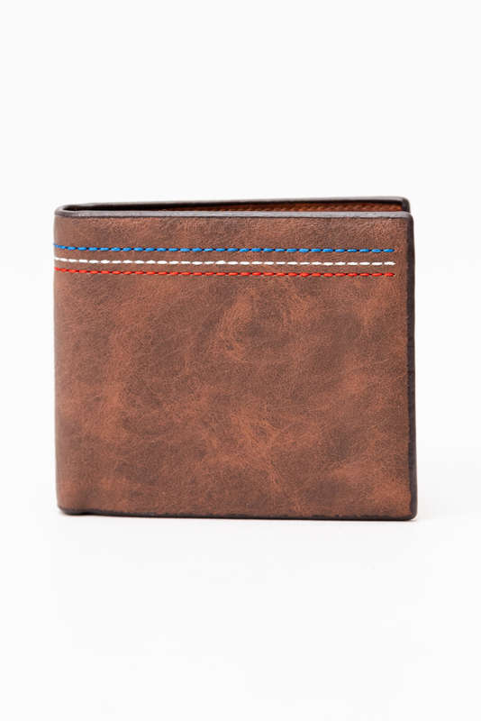 Camel Mountain Leather Bi Fold Stitch Detail Wallet with Coin Pouch Tan