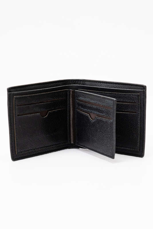 Camel Mountain Leather Bi-Fold Stitch Detail Wallet Black