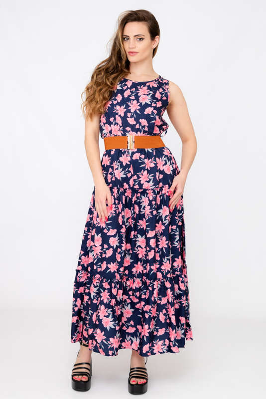Kelly Floral Printed Sleeveless Maxi Dress With Pockets &amp; Belt