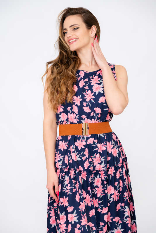 Kelly Floral Printed Sleeveless Maxi Dress With Pockets &amp; Belt