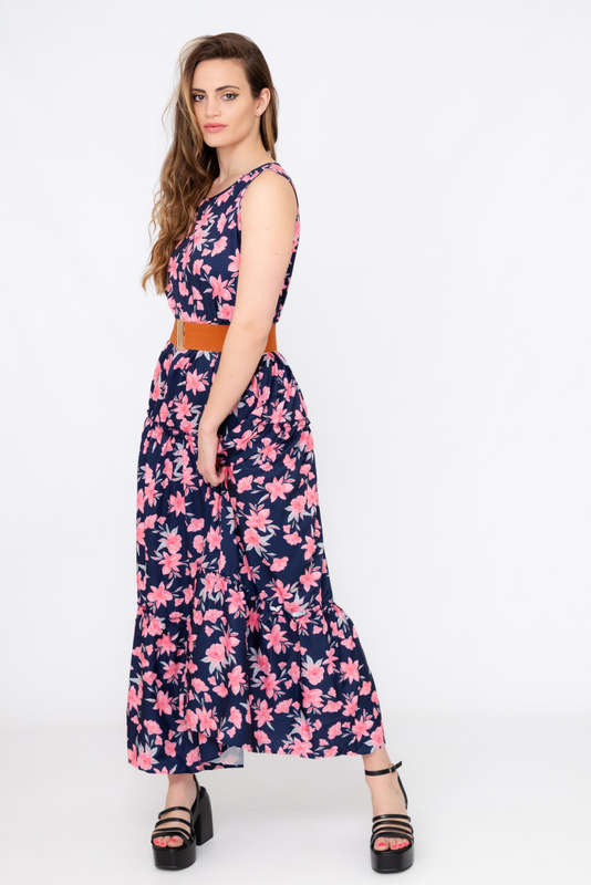 Kelly Floral Printed Sleeveless Maxi Dress With Pockets &amp; Belt