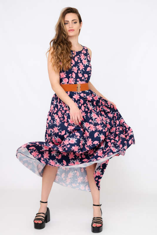 Kelly Floral Printed Sleeveless Maxi Dress With Pockets &amp; Belt