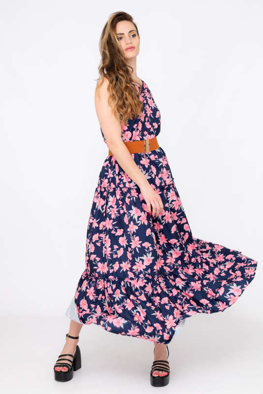 Kelly Floral Printed Sleeveless Maxi Dress With Pockets &amp; Belt