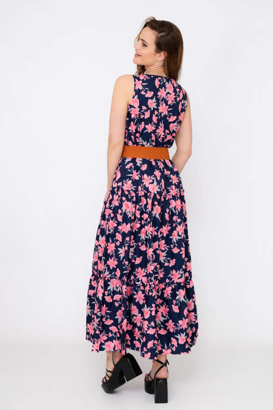Kelly Floral Printed Sleeveless Maxi Dress With Pockets &amp; Belt