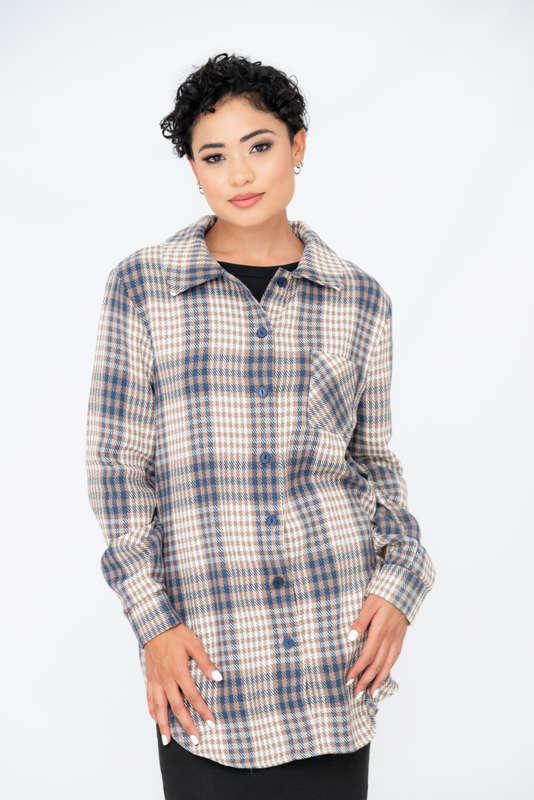 Ladies Loose Shirt Plaid Print V-Neck Long Sleeve