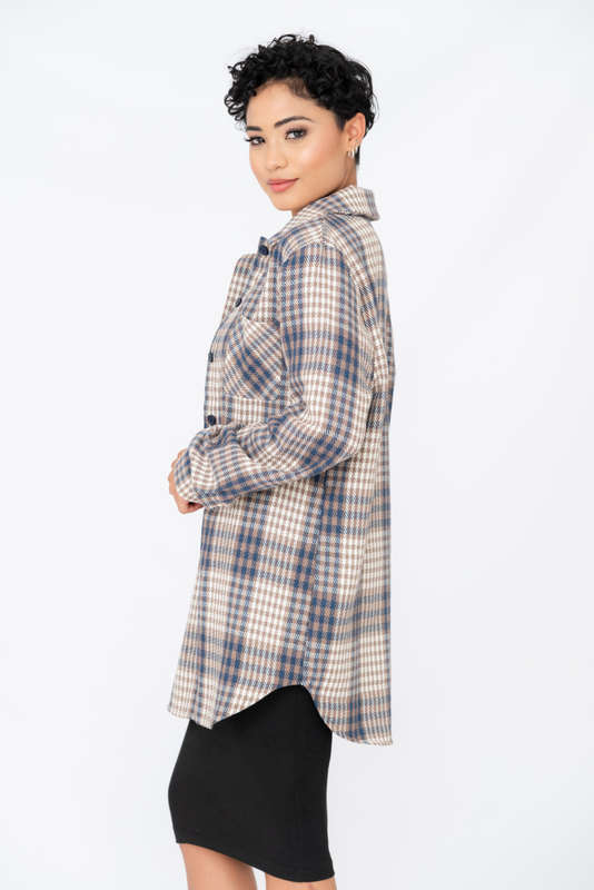 Ladies Loose Shirt Plaid Print V-Neck Long Sleeve