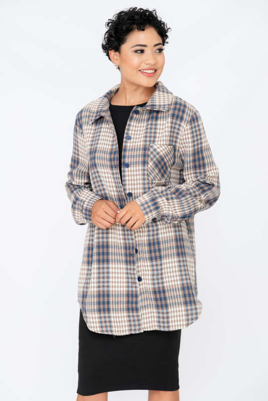 Ladies Loose Shirt Plaid Print V-Neck Long Sleeve