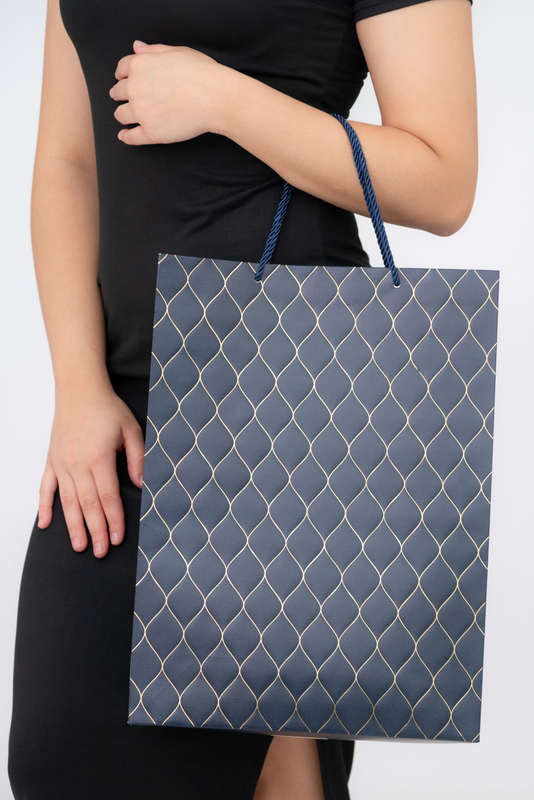 Senza Luxury Gift Bag Embossed With Handles Navy & Gold 420mm X 310mm