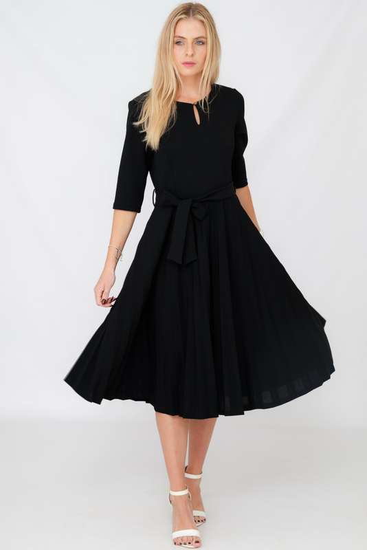 Elina Classic Belted Pleated Midi Black Dress