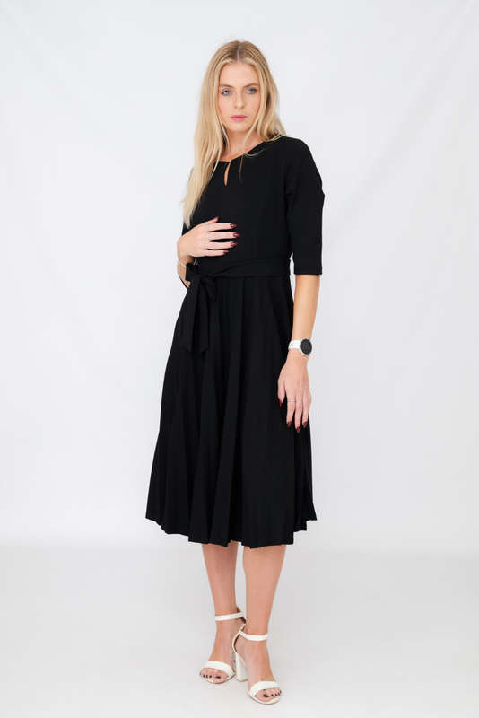 Elina Classic Belted Pleated Midi Black Dress