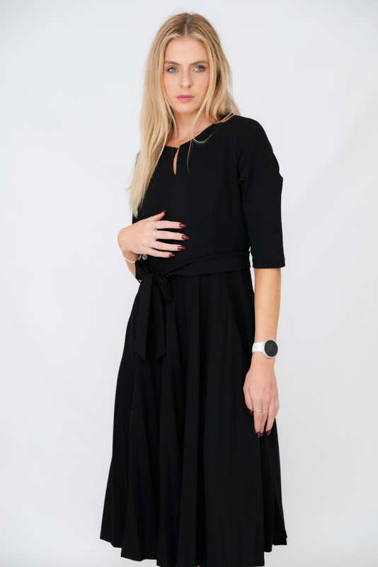 Elina Classic Belted Pleated Midi Black Dress