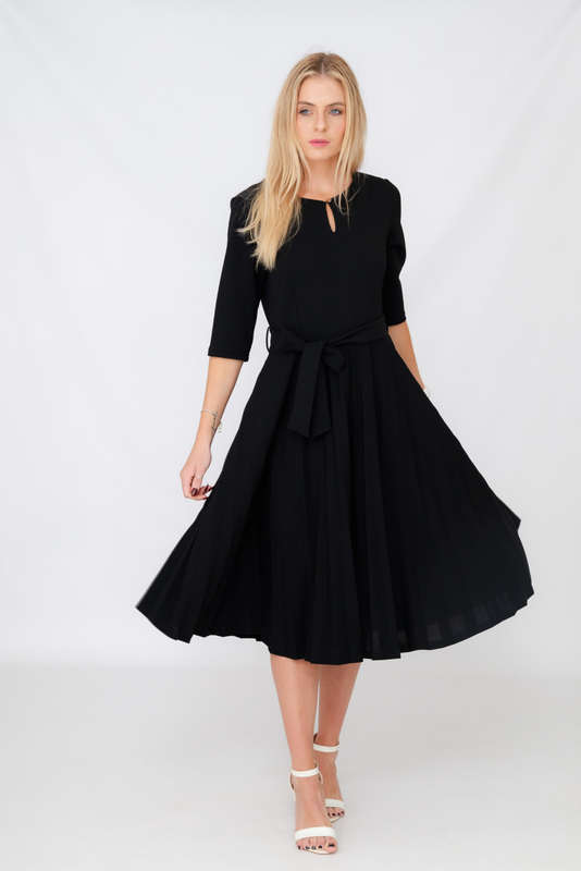 Elina Classic Belted Pleated Midi Black Dress