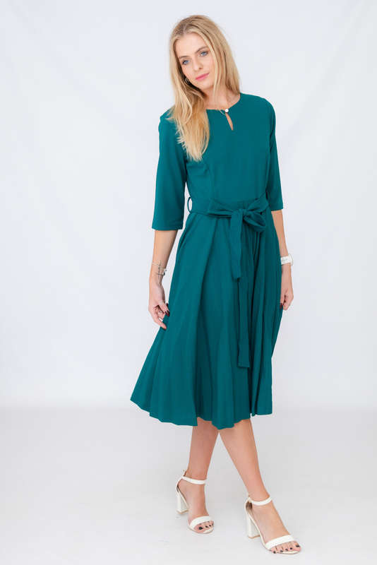 Elina Classic Belted Pleated Midi Dress Emerald