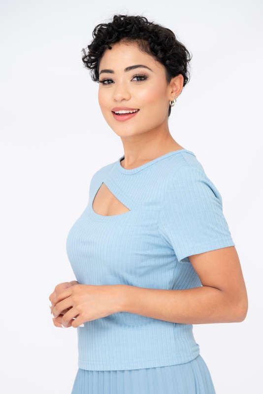 Ladies Round Neck Cut Out Detail Ribbed T-Shirt