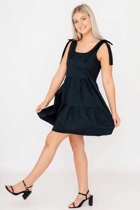 Ruffle Flutter Sleeveless Tiered Black Midi Summer Dress