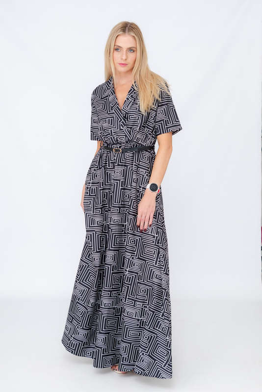 Xavia Short Belted Sleeve Maxi Dress With Pockets