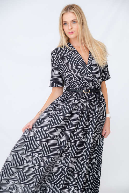 Xavia Short Belted Sleeve Maxi Dress With Pockets