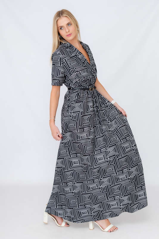 Xavia Short Belted Sleeve Maxi Dress With Pockets