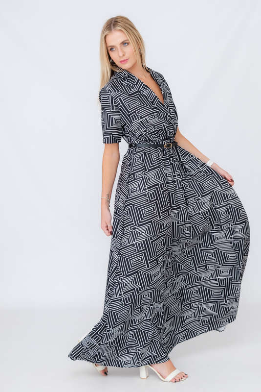 Xavia Short Belted Sleeve Maxi Dress With Pockets