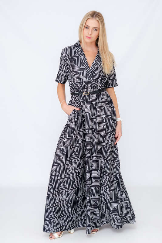 Xavia Short Belted Sleeve Maxi Dress With Pockets