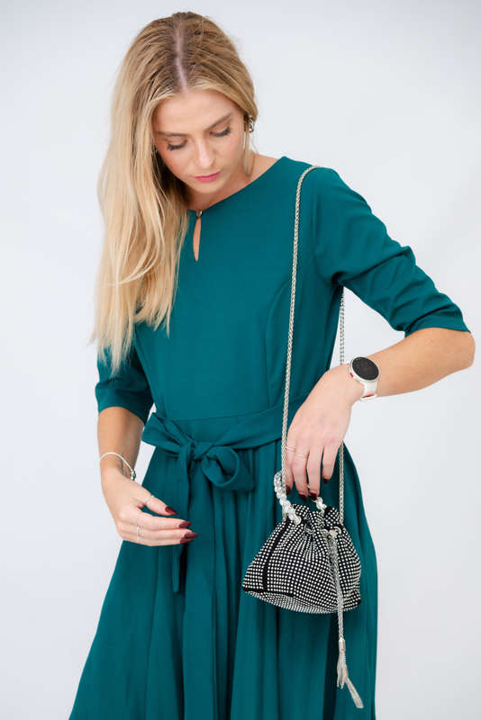 Elina Classic Belted Pleated Midi Dress Emerald