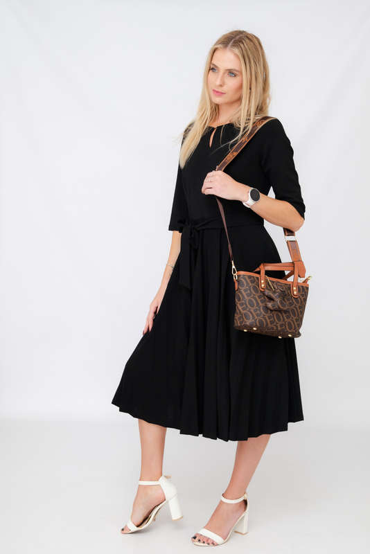 Elina Classic Belted Pleated Midi Black Dress